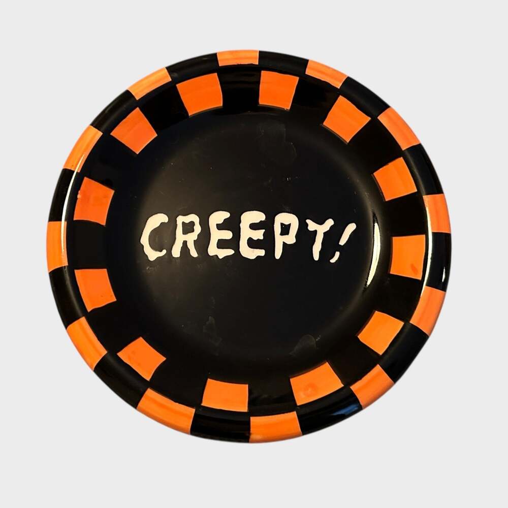 Halloween Decor Plate "Creepy!" 8" Wide Black Orange